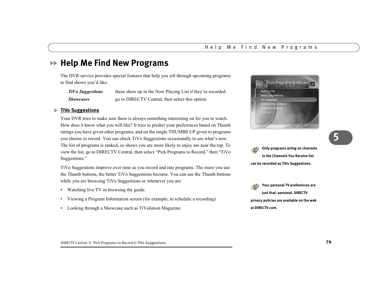 Help me find new programs, Tivo suggestions | DirecTV DVR39 User Manual | Page 90 / 176
