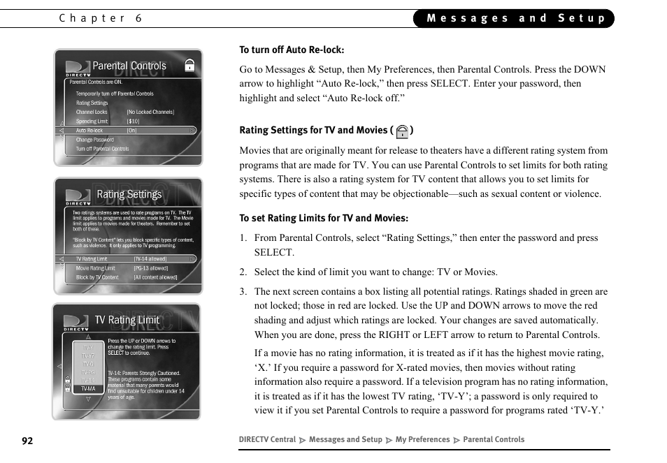 Rating settings for tv and movies () | DirecTV DVR40 User Manual | Page 102 / 174