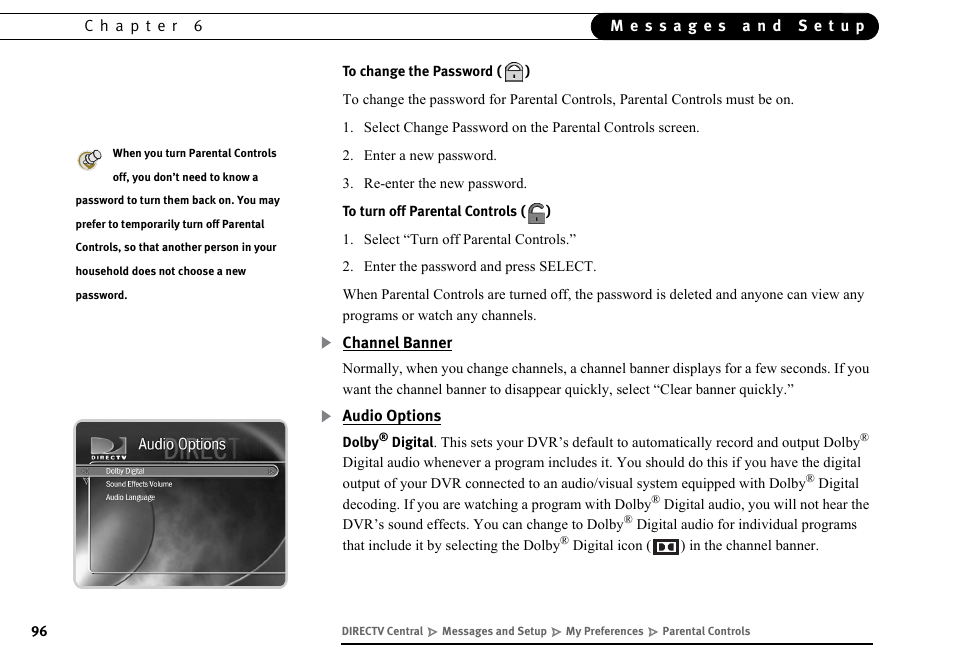 Channel banner, Audio options | DirecTV DVR40 User Manual | Page 106 / 174