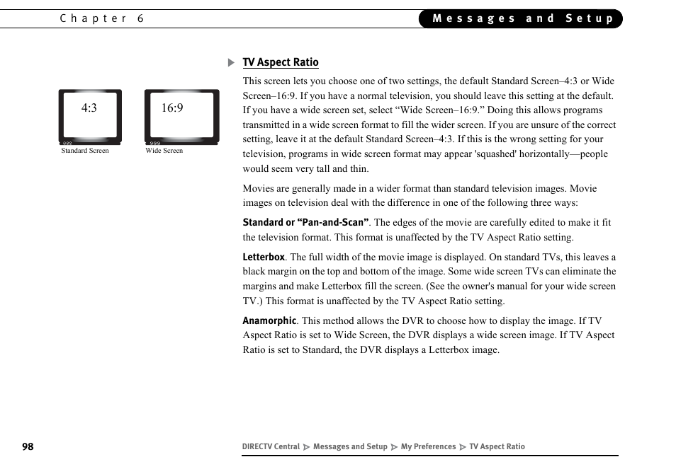 Tv aspect ratio | DirecTV DVR40 User Manual | Page 108 / 174