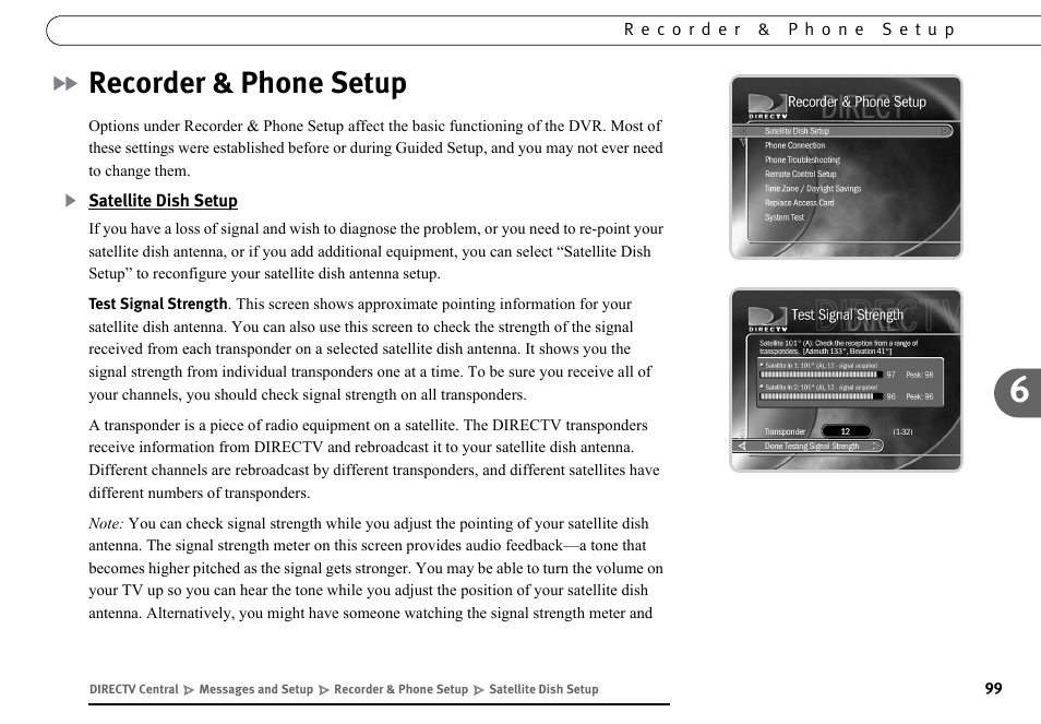 Recorder & phone setup, Satellite dish setup | DirecTV DVR40 User Manual | Page 109 / 174