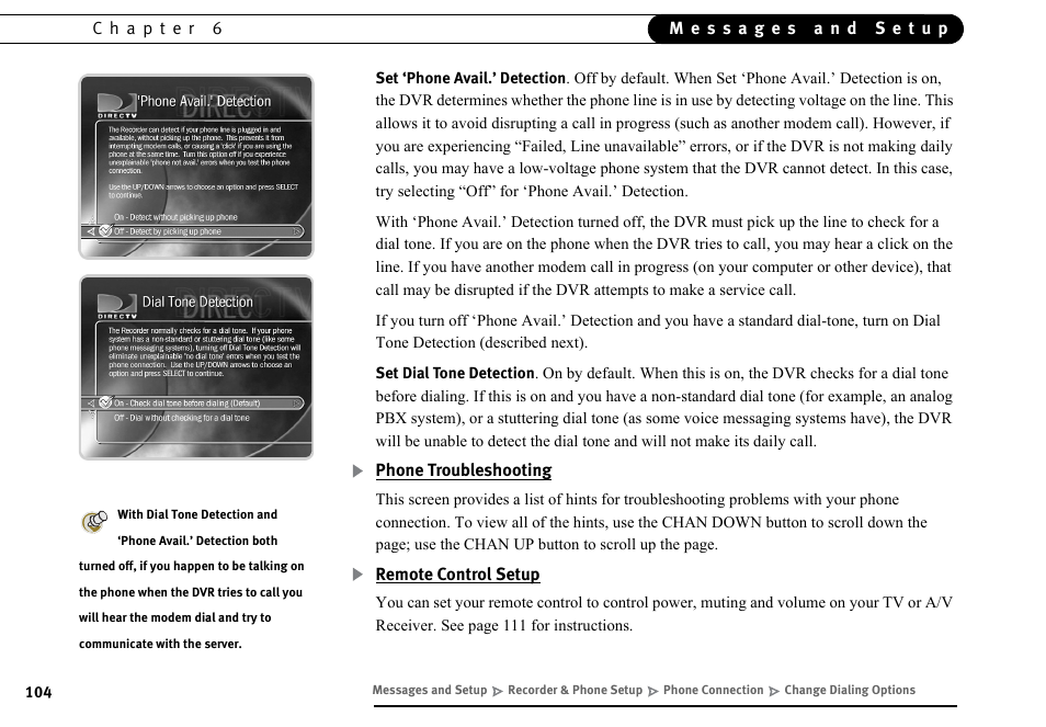 Phone troubleshooting, Remote control setup | DirecTV DVR40 User Manual | Page 114 / 174