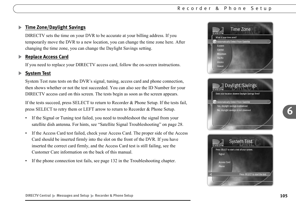 Time zone/daylight savings, Replace access card, System test | DirecTV DVR40 User Manual | Page 115 / 174