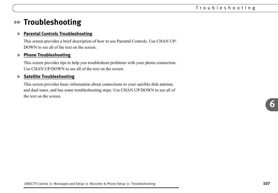 Troubleshooting, Parental controls troubleshooting, Phone troubleshooting | Satellite troubleshooting | DirecTV DVR40 User Manual | Page 117 / 174