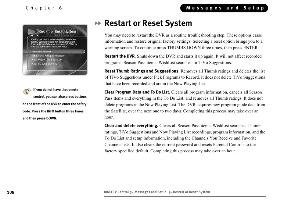 Restart or reset system | DirecTV DVR40 User Manual | Page 118 / 174