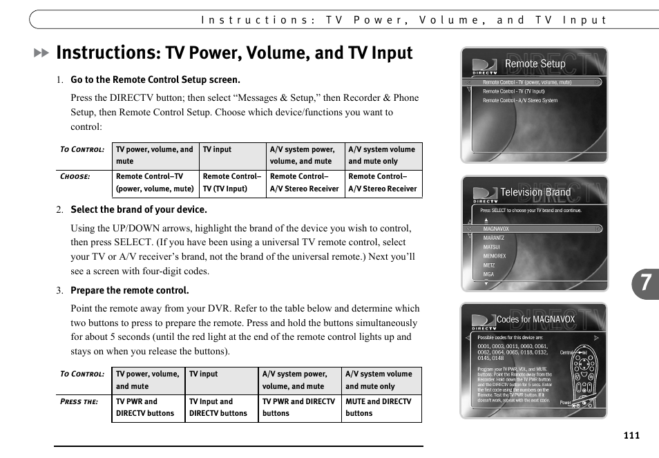 Instructions: tv power, volume, and tv input, Instructions, Tv power, volume, and tv input | DirecTV DVR40 User Manual | Page 121 / 174