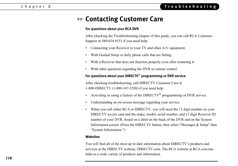 Contacting customer care | DirecTV DVR40 User Manual | Page 128 / 174