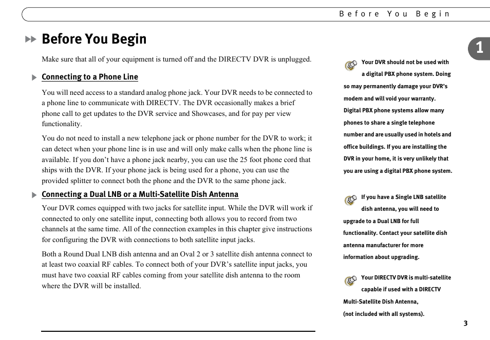 Before you begin, Connecting to a phone line | DirecTV DVR40 User Manual | Page 13 / 174
