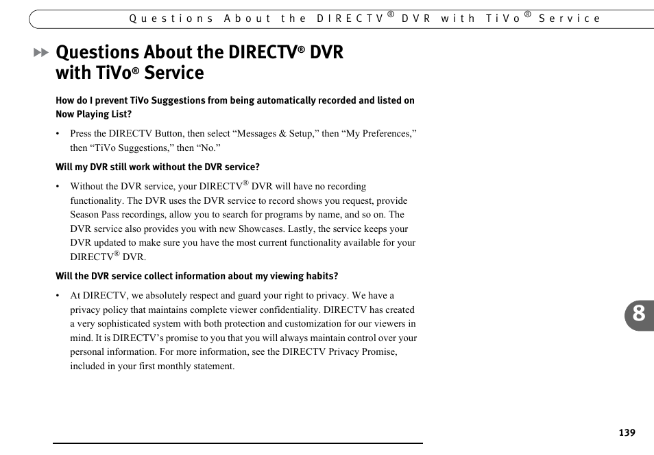 Questions about the directv, Dvr with tivo, Service | DirecTV DVR40 User Manual | Page 149 / 174