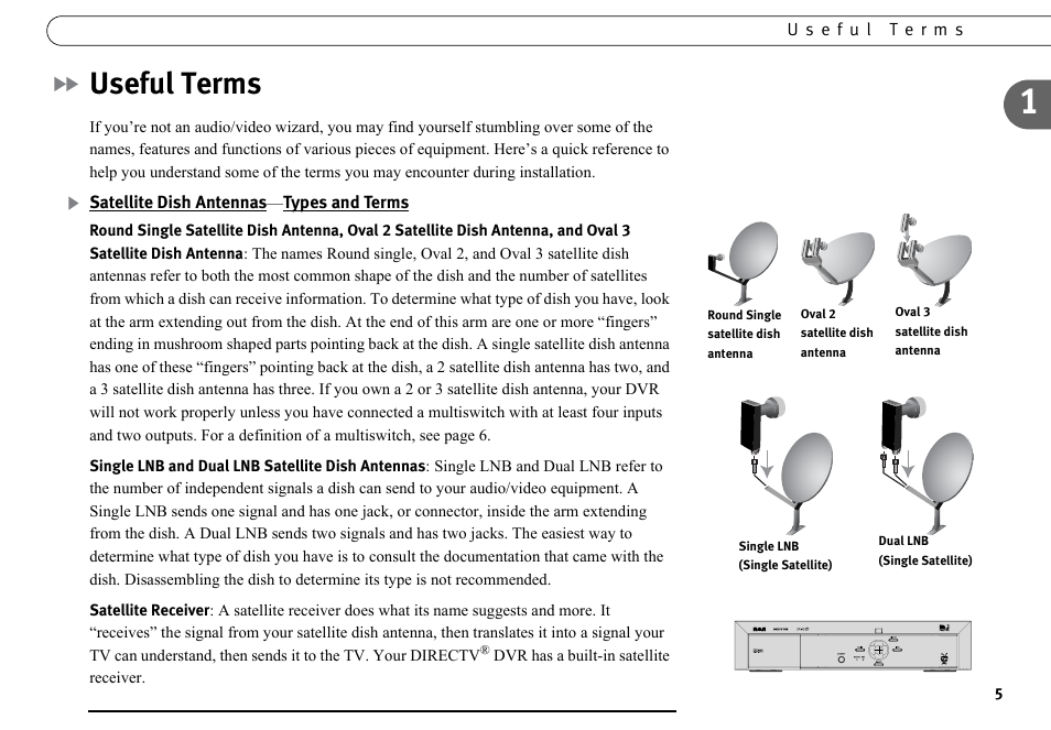 Useful terms, Satellite dish antennas—types and terms | DirecTV DVR40 User Manual | Page 15 / 174