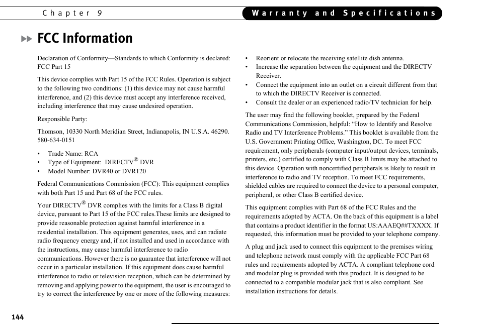 Fcc information | DirecTV DVR40 User Manual | Page 154 / 174