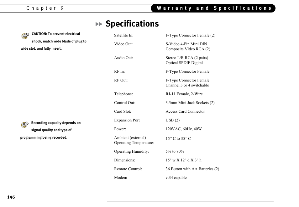 Specifications | DirecTV DVR40 User Manual | Page 156 / 174