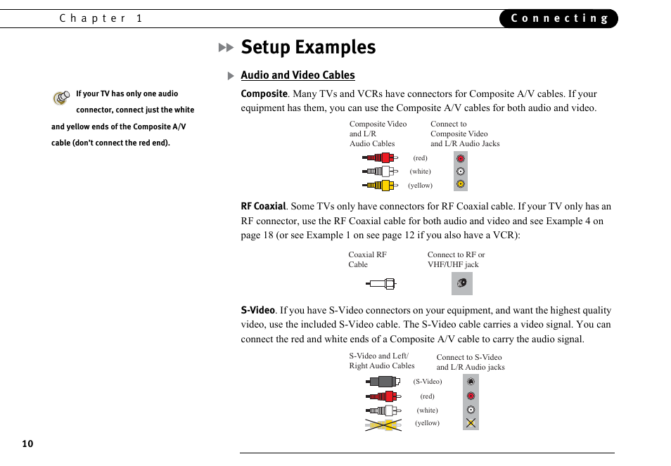 Setup examples, Audio and video cables | DirecTV DVR40 User Manual | Page 20 / 174