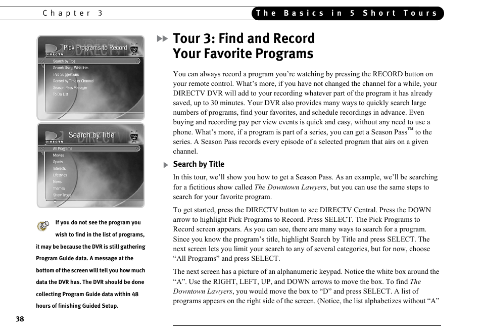 Tour 3: find and record your favorite programs, Search by title | DirecTV DVR40 User Manual | Page 48 / 174