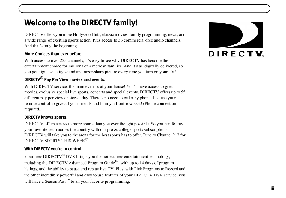 Welcome to the directv family | DirecTV DVR40 User Manual | Page 5 / 174
