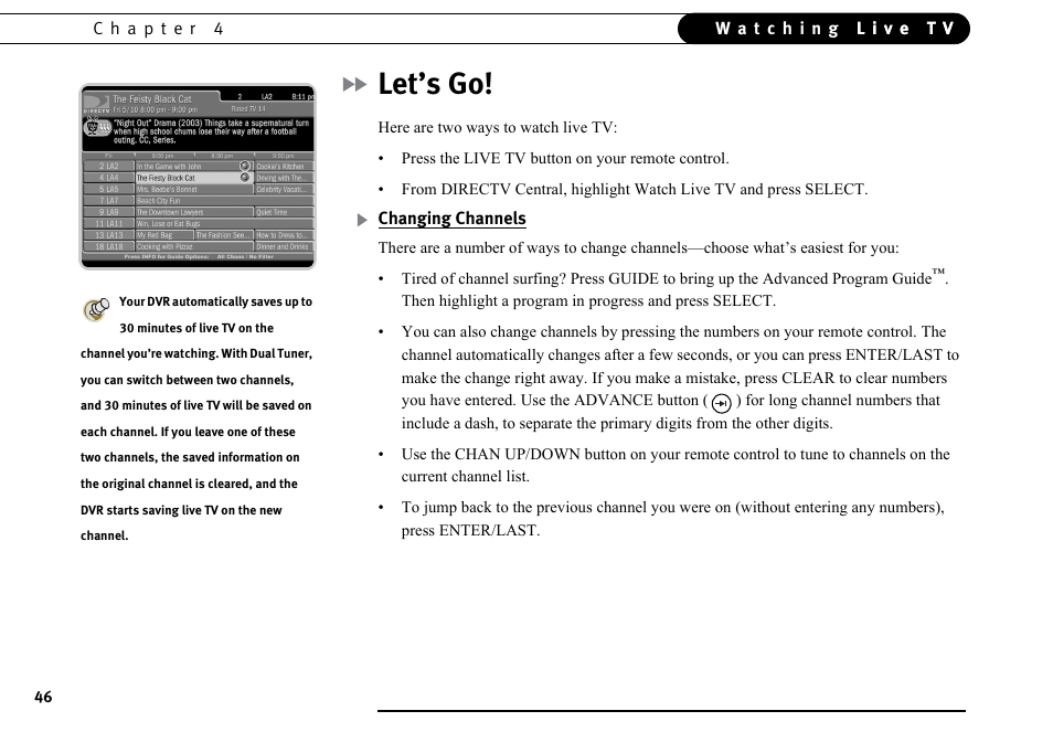 Let’s go, Changing channels | DirecTV DVR40 User Manual | Page 56 / 174