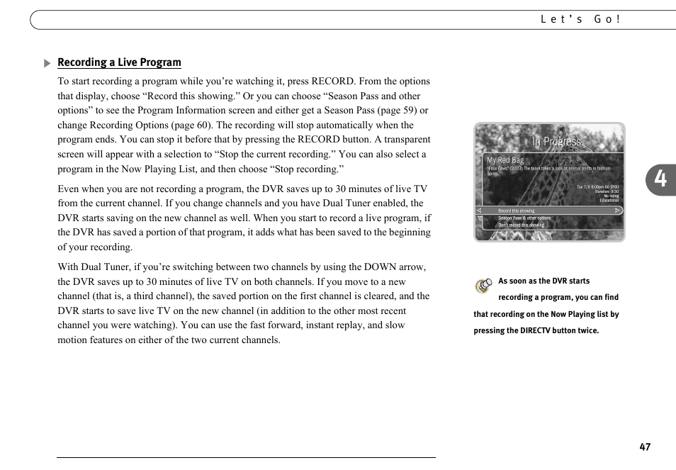 Recording a live program | DirecTV DVR40 User Manual | Page 57 / 174