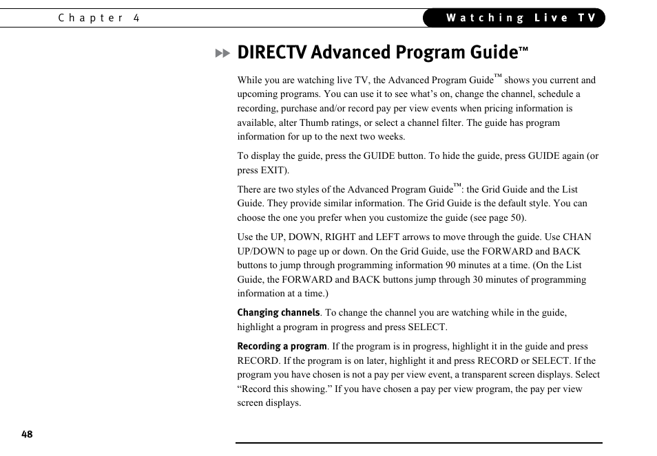 Directv advanced program guide | DirecTV DVR40 User Manual | Page 58 / 174