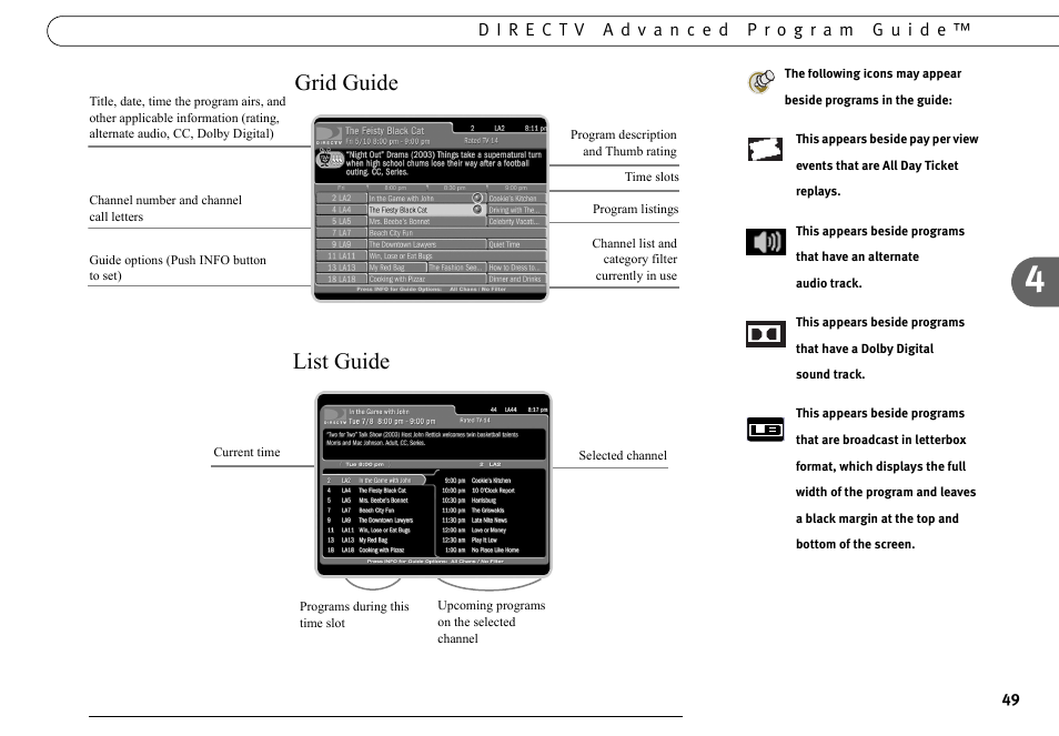 Grid guide, List guide | DirecTV DVR40 User Manual | Page 59 / 174