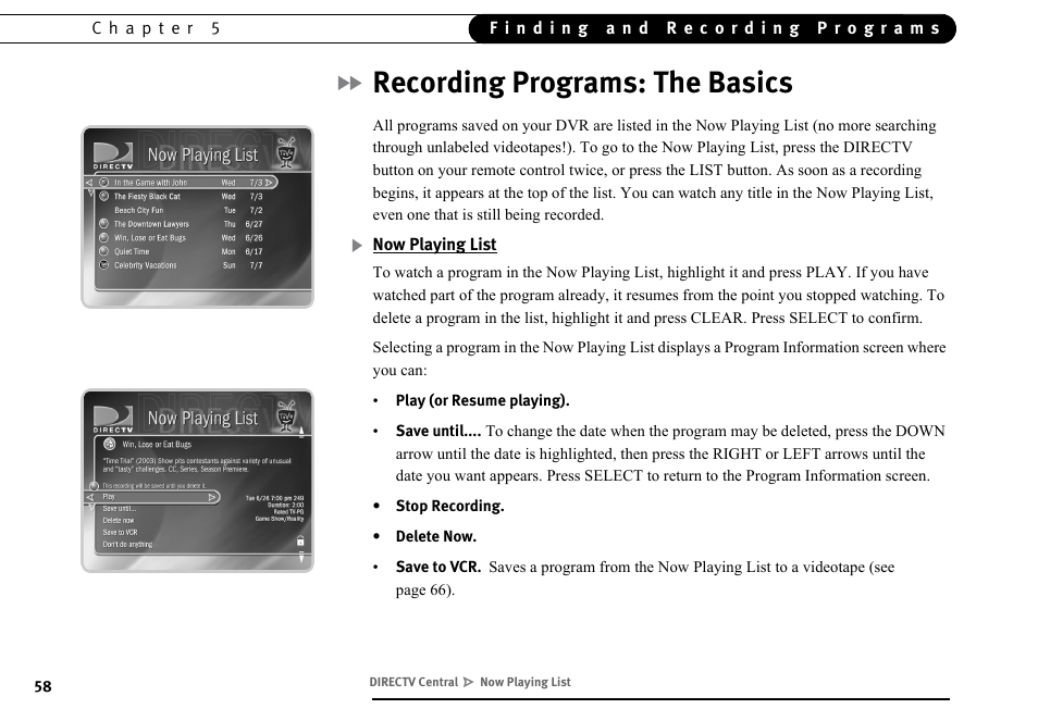 Recording programs: the basics, Now playing list | DirecTV DVR40 User Manual | Page 68 / 174