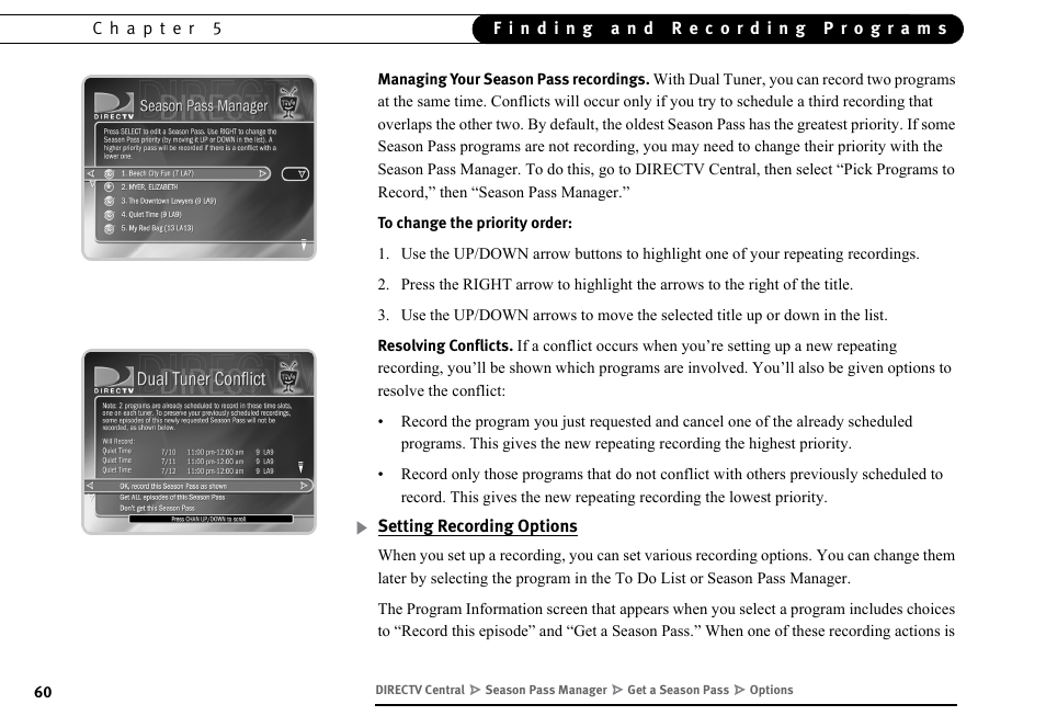 Setting recording options | DirecTV DVR40 User Manual | Page 70 / 174