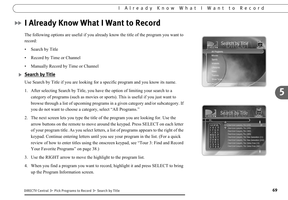 I already know what i want to record, Search by title | DirecTV DVR40 User Manual | Page 79 / 174