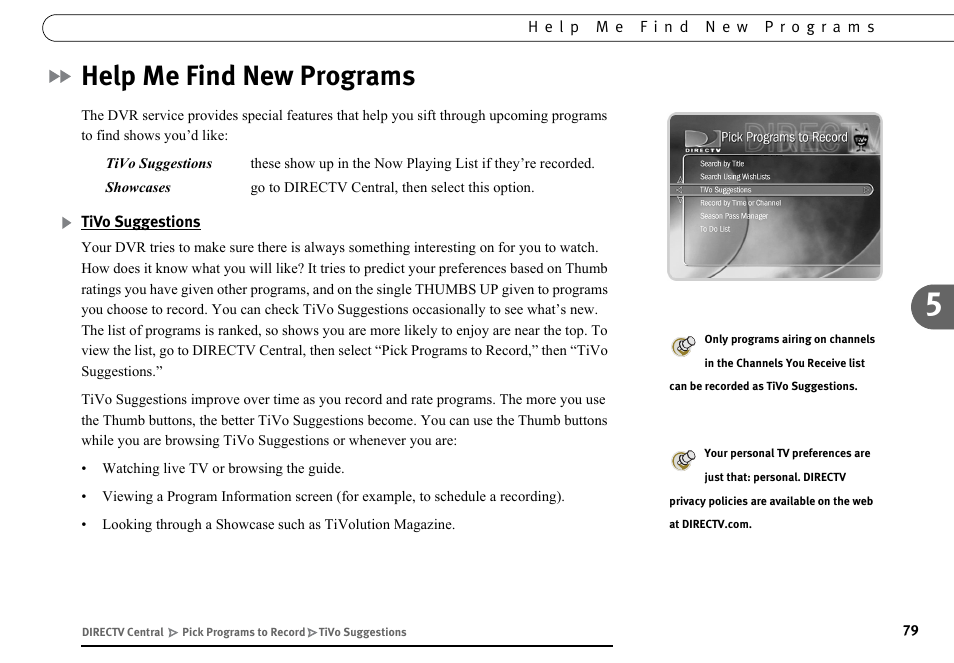 Help me find new programs, Tivo suggestions | DirecTV DVR40 User Manual | Page 89 / 174