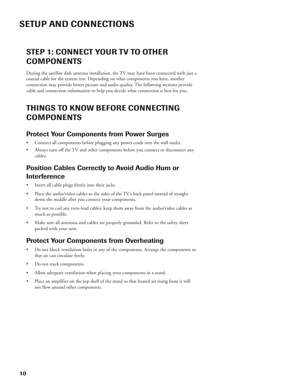 Setup and connections, Step 1: connect your tv to other components, Things to know before connecting components | Protect your components from power surges, Protect your components from overheating | DirecTV DW65X91 User Manual | Page 10 / 96