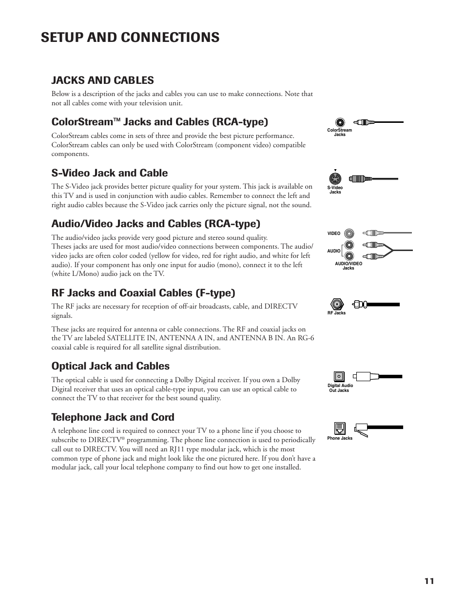 Setup and connections, Jacks and cables, Colorstream™ jacks and cables (rca-type) | S-video jack and cable, Audio/video jacks and cables (rca-type), Rf jacks and coaxial cables (f-type), Optical jack and cables, Telephone jack and cord | DirecTV DW65X91 User Manual | Page 11 / 96