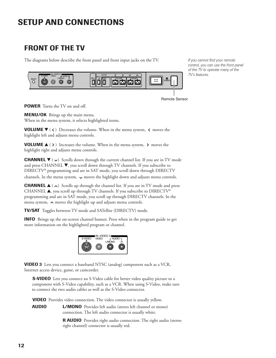 Setup and connections, Front of the tv | DirecTV DW65X91 User Manual | Page 12 / 96