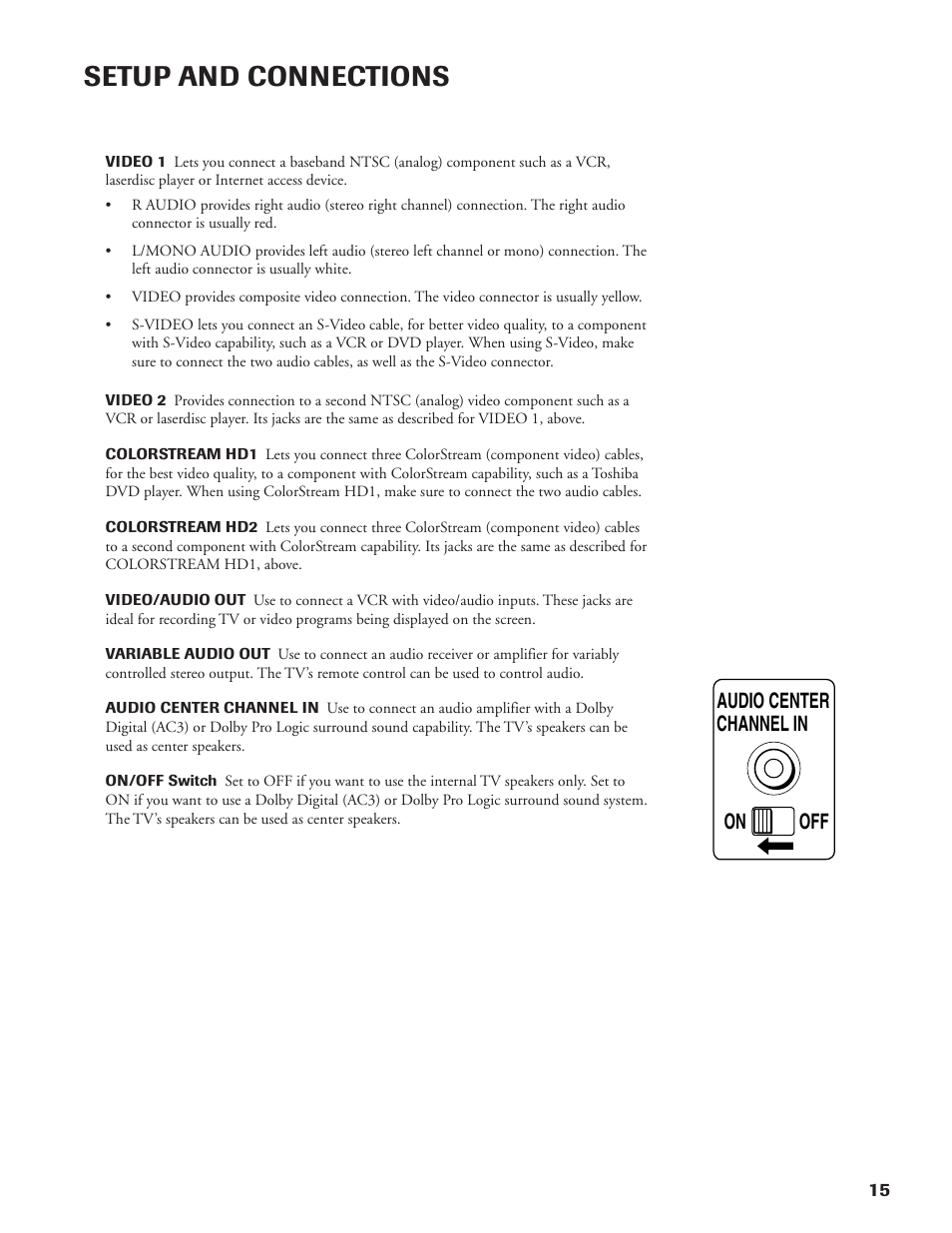 Setup and connections, Channel in on off audio center | DirecTV DW65X91 User Manual | Page 15 / 96