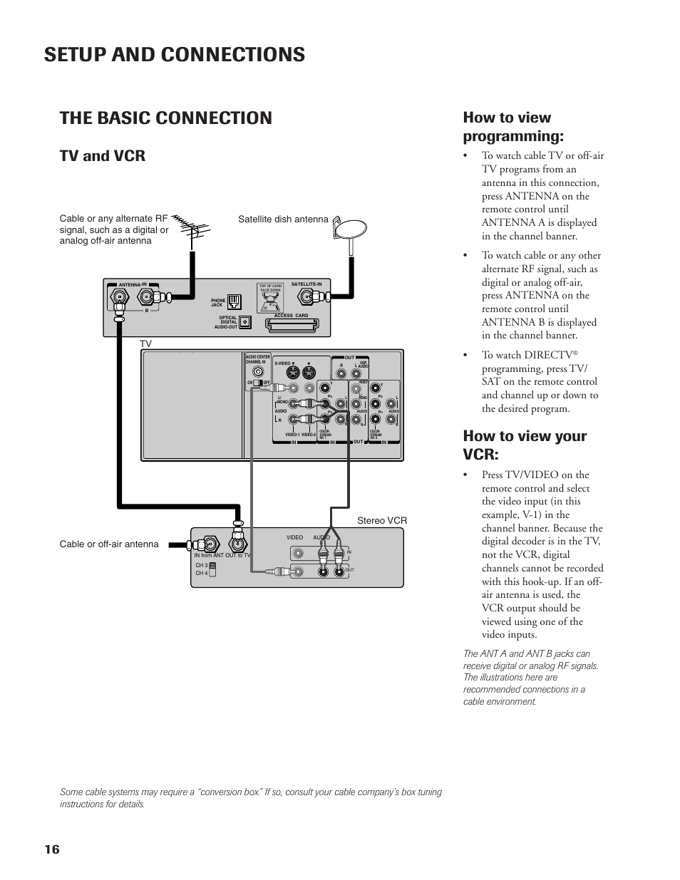 Setup and connections, The basic connection, Tv and vcr | How to view programming, How to view your vcr | DirecTV DW65X91 User Manual | Page 16 / 96