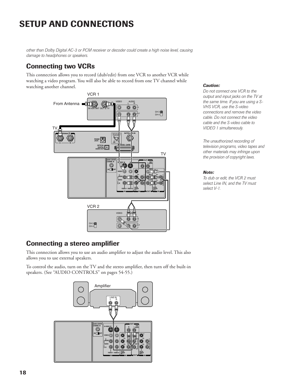 Setup and connections, Connecting two vcrs, Connecting a stereo amplifier | Vcr 2 amplifier tv | DirecTV DW65X91 User Manual | Page 18 / 96