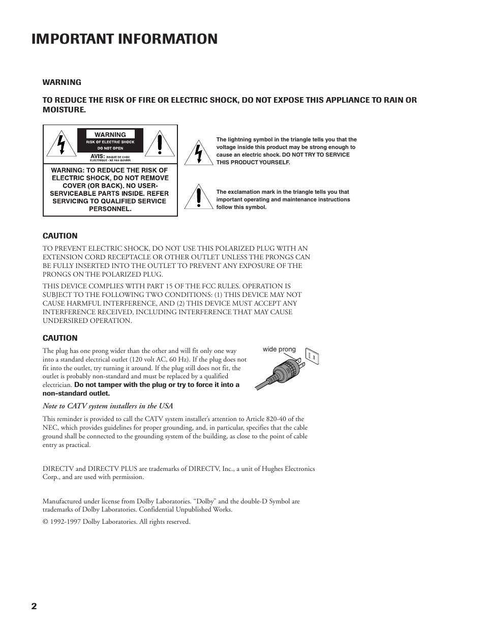 Important information | DirecTV DW65X91 User Manual | Page 2 / 96