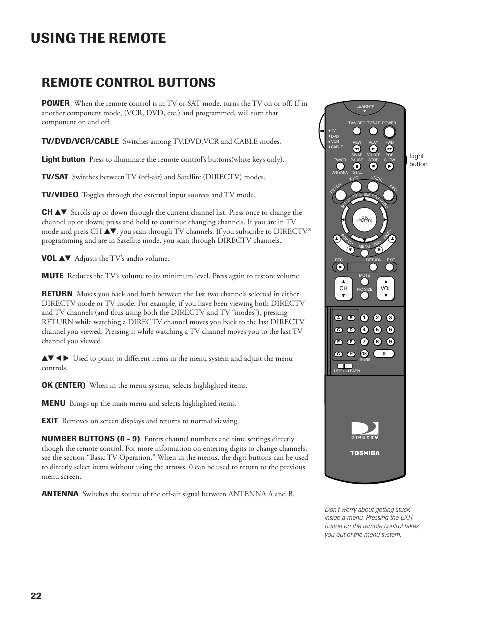 Using the remote, Remote control buttons | DirecTV DW65X91 User Manual | Page 22 / 96