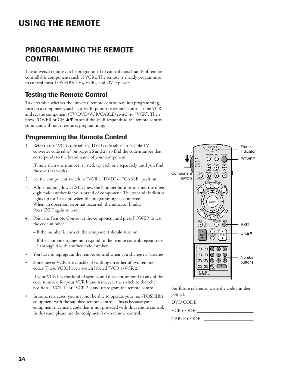 Using the remote, Programming the remote control, Testing the remote control | Power | DirecTV DW65X91 User Manual | Page 24 / 96