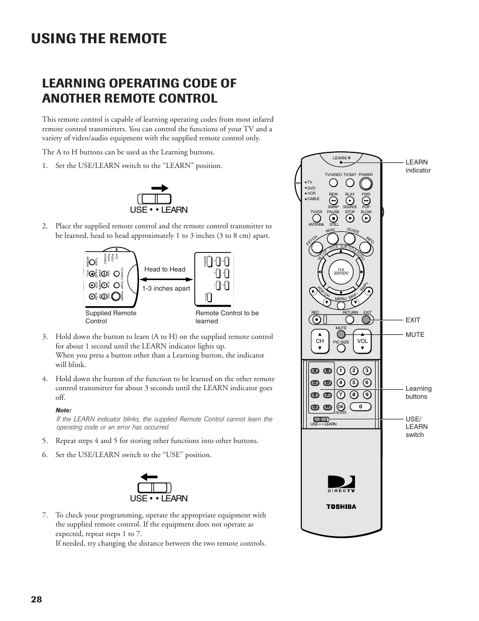 Using the remote, Learning operating code of another remote control, Use learn | DirecTV DW65X91 User Manual | Page 28 / 96