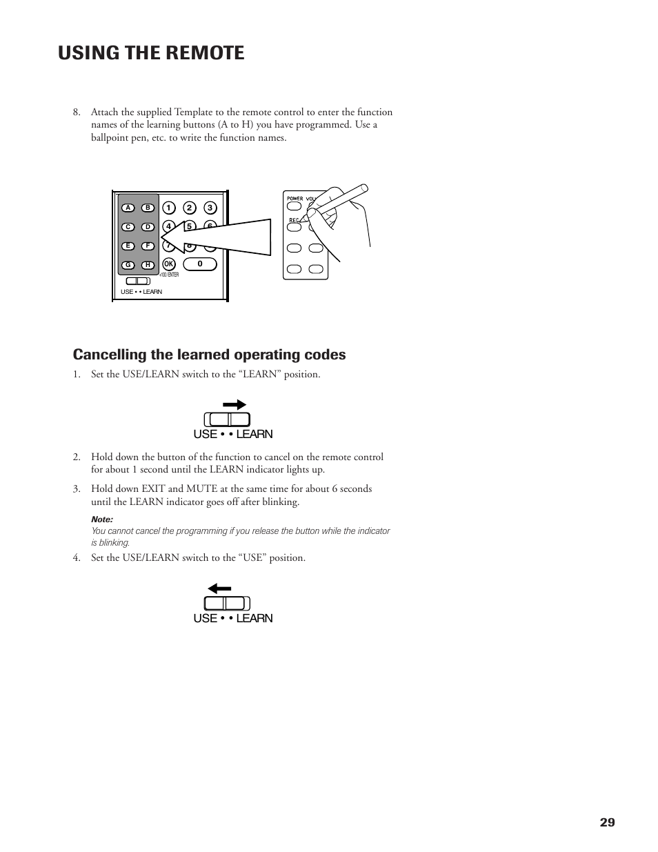 Using the remote, Cancelling the learned operating codes | DirecTV DW65X91 User Manual | Page 29 / 96