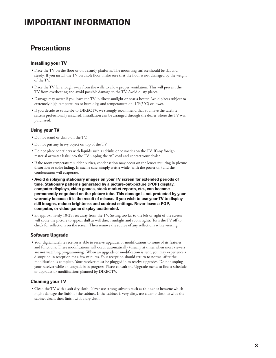 Important information, Precautions | DirecTV DW65X91 User Manual | Page 3 / 96