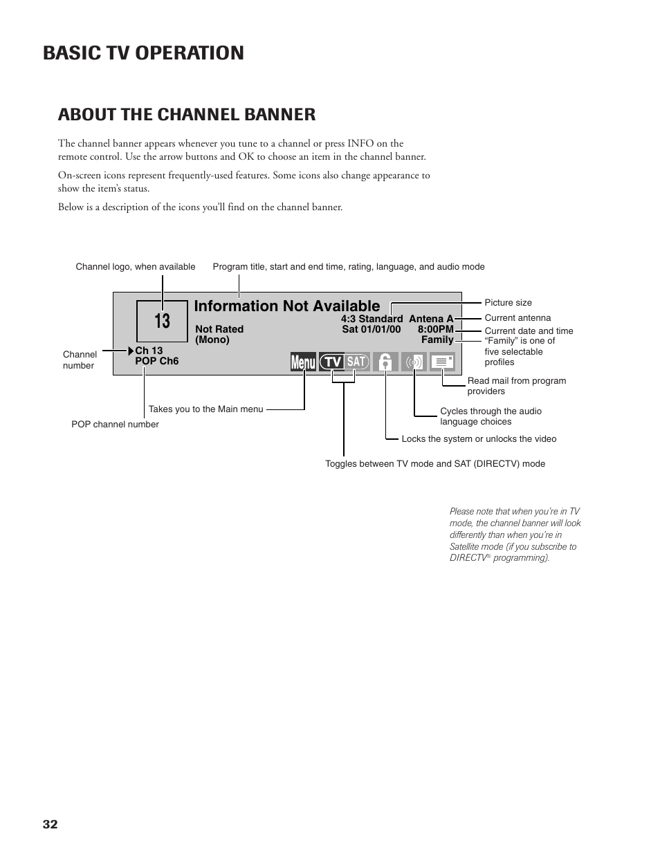 Basic tv operation, Menu, About the channel banner | Information not available | DirecTV DW65X91 User Manual | Page 32 / 96