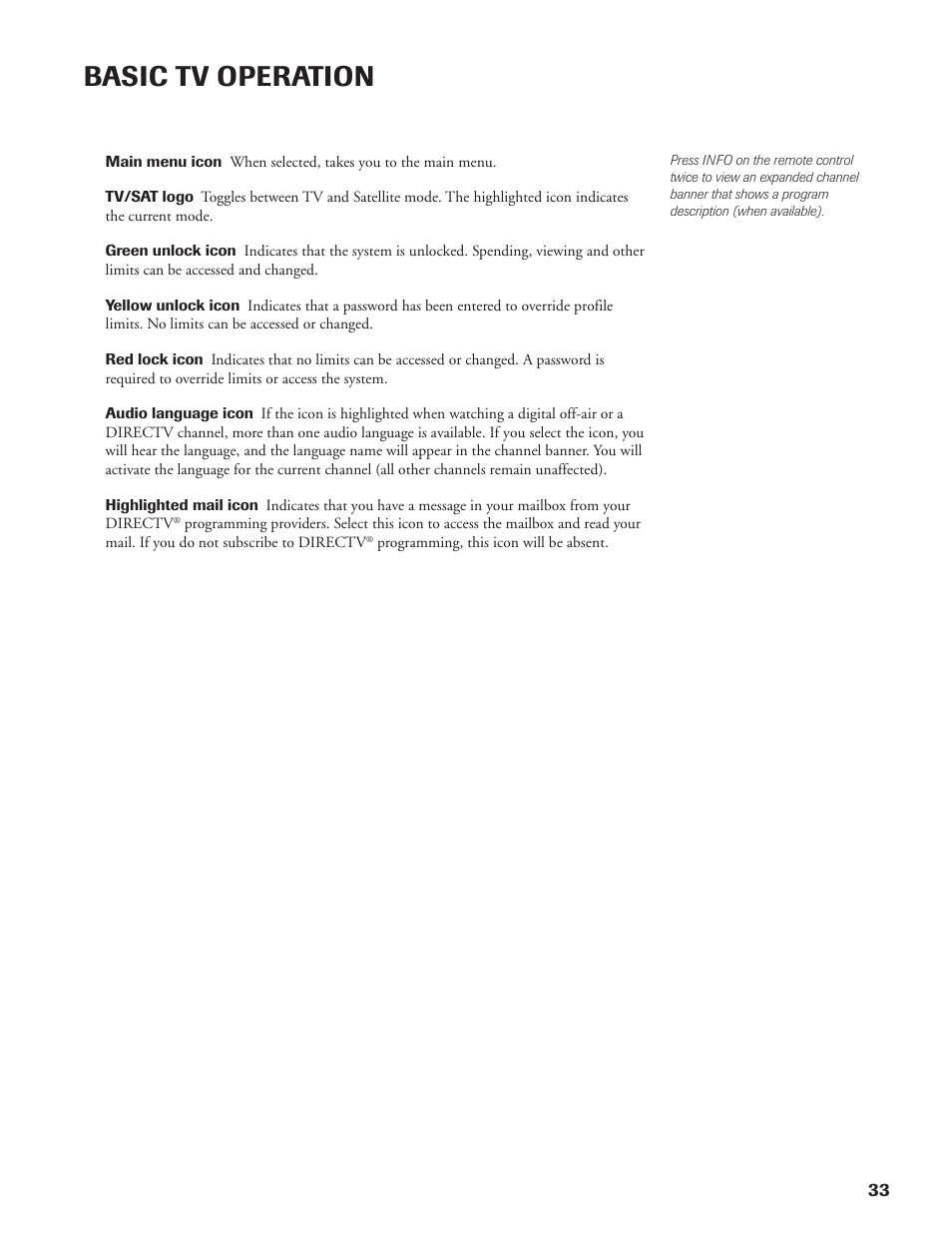 Basic tv operation | DirecTV DW65X91 User Manual | Page 33 / 96
