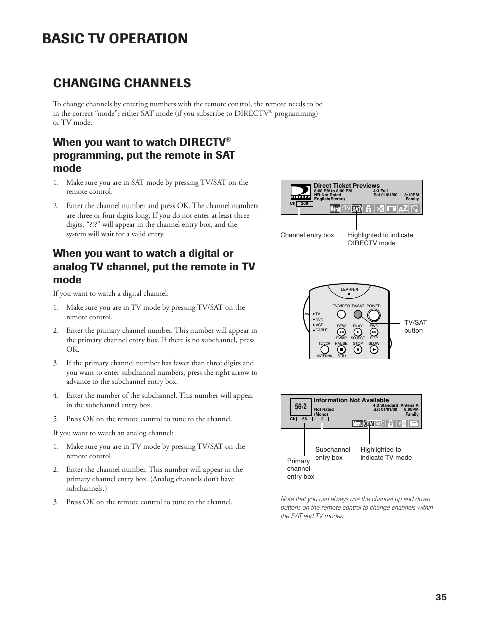 Basic tv operation, Changing channels, When you want to watch directv | Programming, put the remote in sat mode | DirecTV DW65X91 User Manual | Page 35 / 96