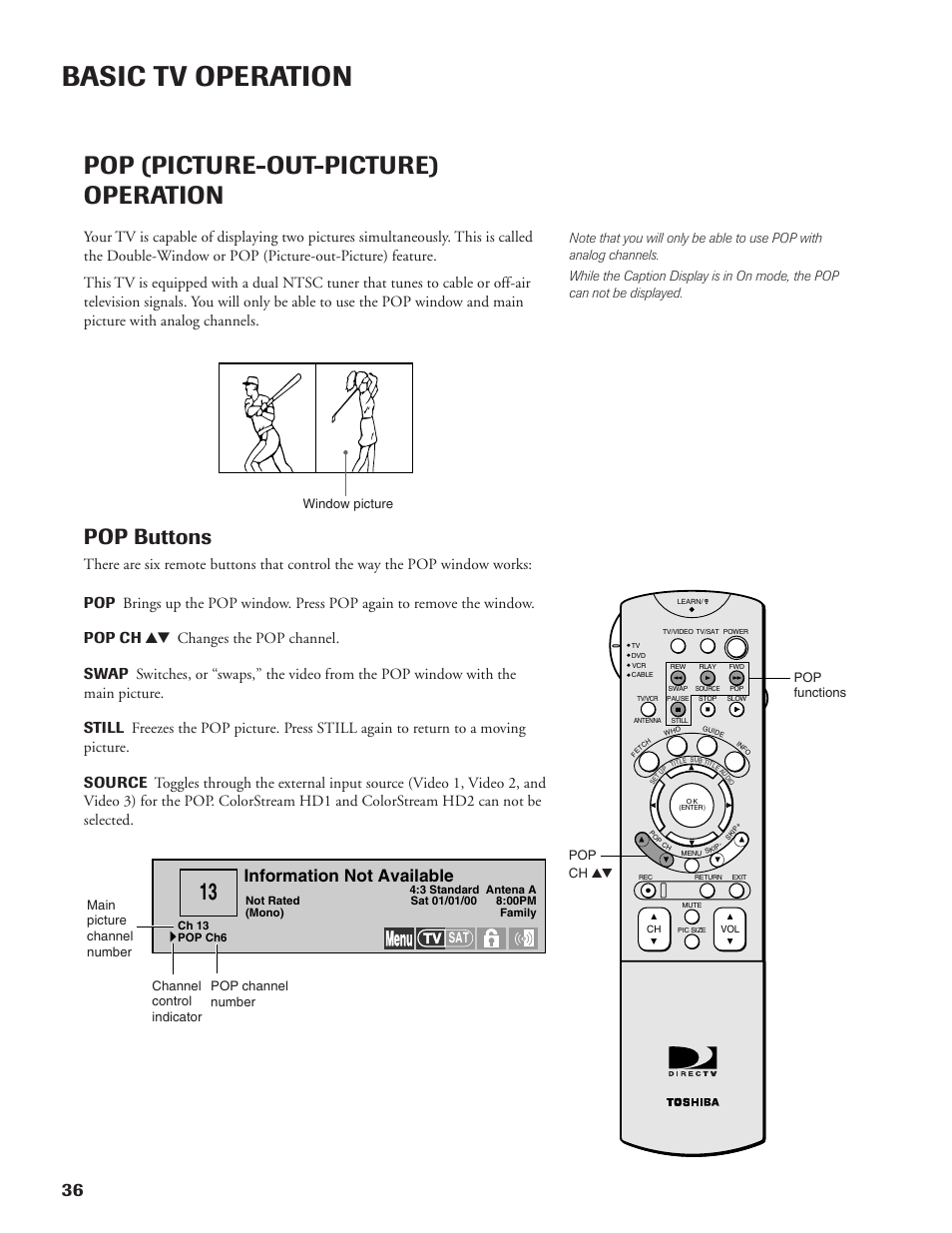 Basic tv operation, Pop (picture-out-picture) operation, Pop buttons | Menu, Information not available, Window picture pop functions pop ch yz | DirecTV DW65X91 User Manual | Page 36 / 96