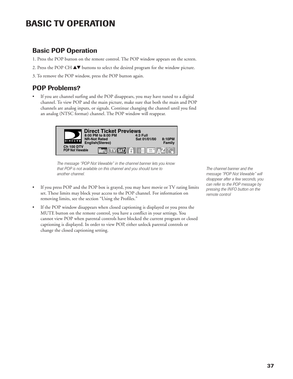 Basic tv operation, Basic pop operation, Pop problems | Menu | DirecTV DW65X91 User Manual | Page 37 / 96