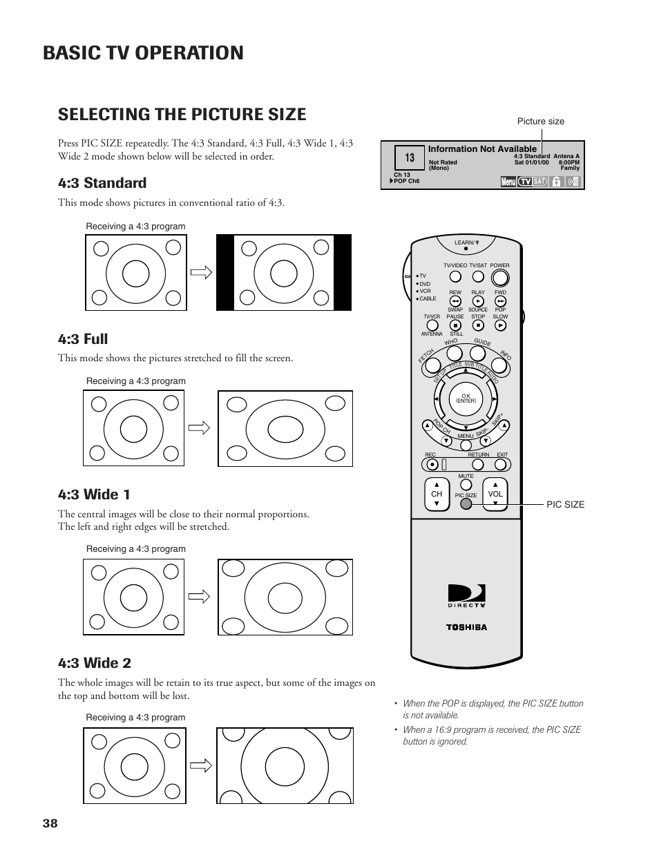 Basic tv operation, Selecting the picture size, 3 standard | 3 full, 3 wide 1, 3 wide 2, Menu, Receiving a 4:3 program, Pic size receiving a 4:3 program, Picture size | DirecTV DW65X91 User Manual | Page 38 / 96