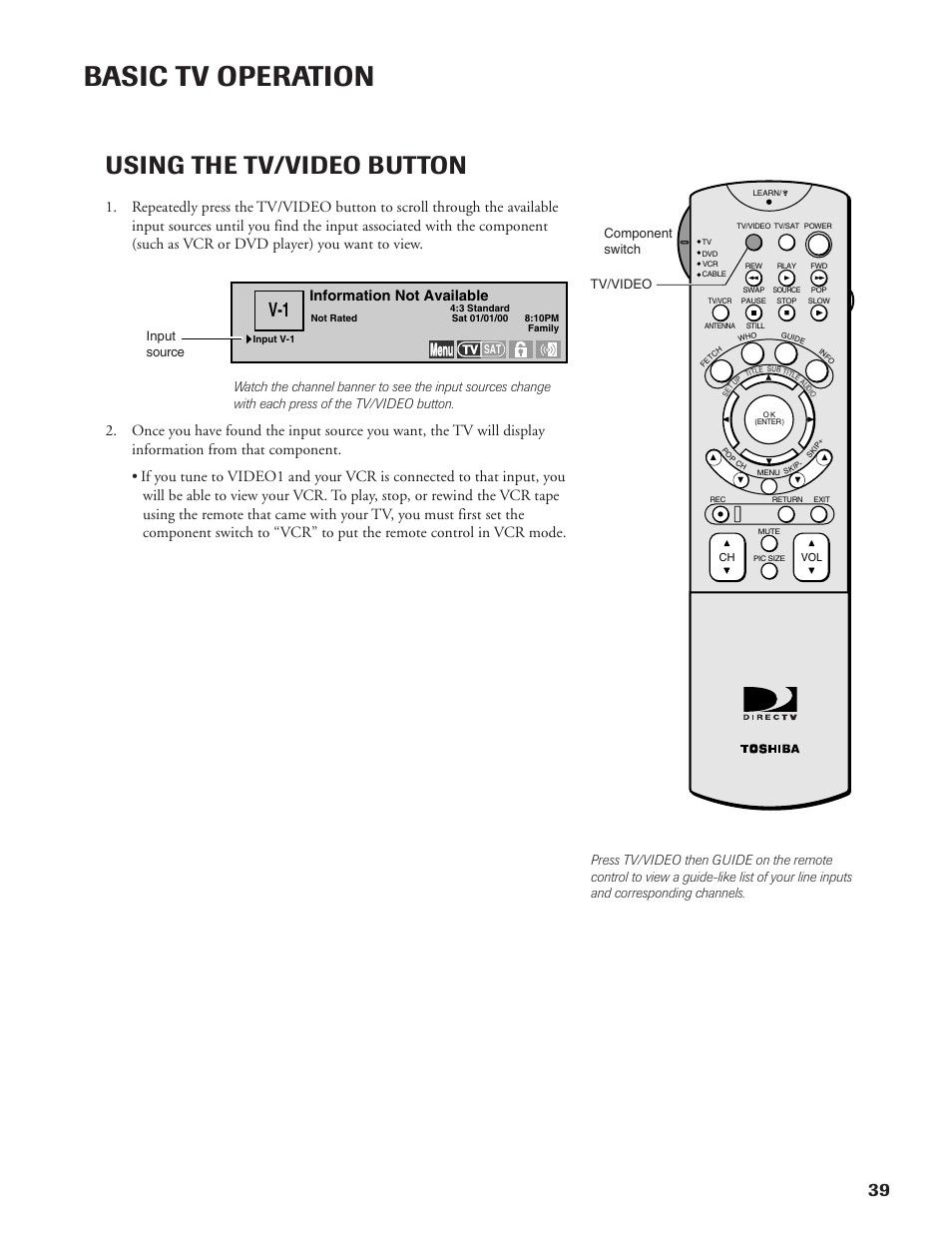 Basic tv operation, Using the tv/video button, Menu | Information not available, Tv/video input source, Component switch | DirecTV DW65X91 User Manual | Page 39 / 96