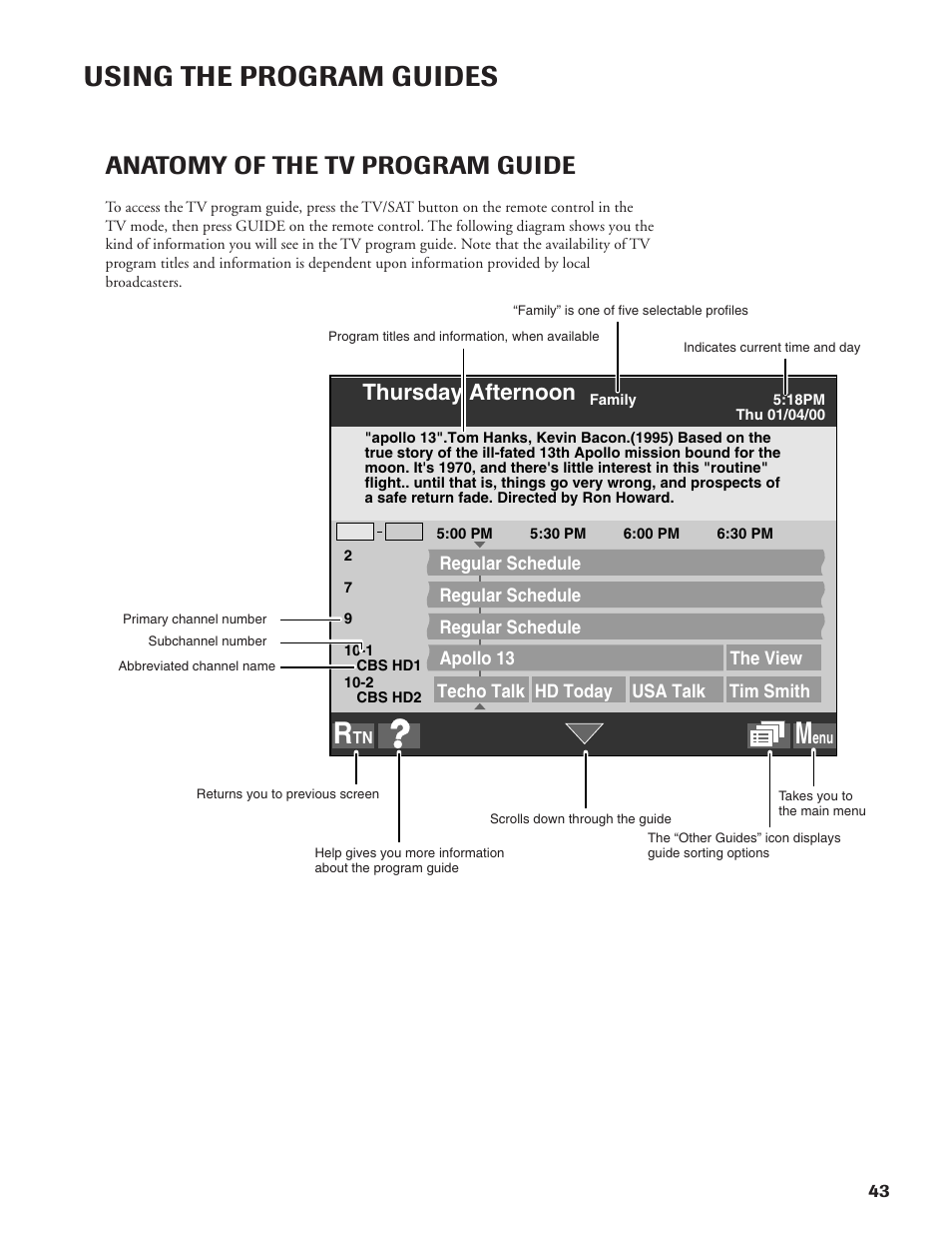 Using the program guides, Anatomy of the tv program guide, Thursday afternoon | DirecTV DW65X91 User Manual | Page 43 / 96