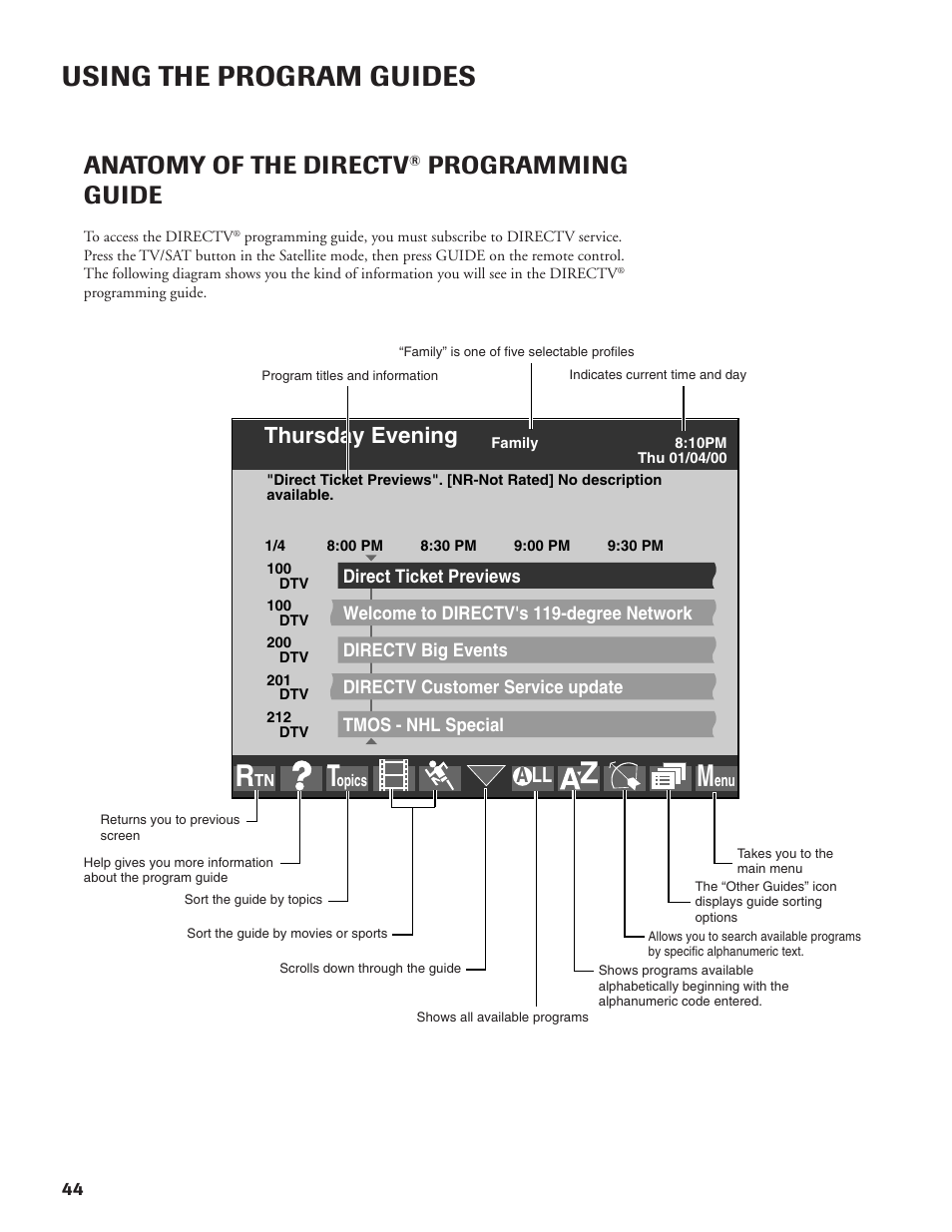Using the program guides, Anatomy of the directv, Programming guide | Thursday evening | DirecTV DW65X91 User Manual | Page 44 / 96