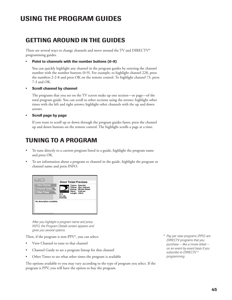 Using the program guides, Getting around in the guides, Tuning to a program | DirecTV DW65X91 User Manual | Page 45 / 96