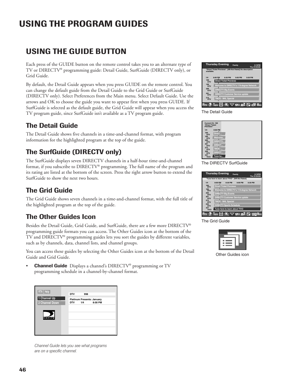 Using the program guides, Using the guide button, The detail guide | The surfguide (directv only), The grid guide, The other guides icon | DirecTV DW65X91 User Manual | Page 46 / 96